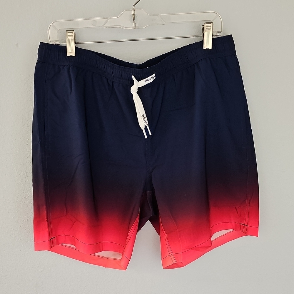🆕️ MAAMGIC Navy and Red Ombre Swim Shorts, Size Large